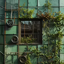 an ivy covered wall next to the window of a building