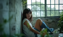 a woman with brown hair sitting on a wall in an abandoned house