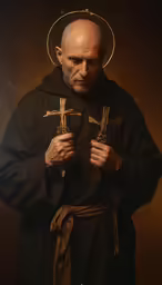 a man wearing a black robe holding some scissors