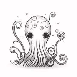 an ink drawing of a squid with eyes and curly hair