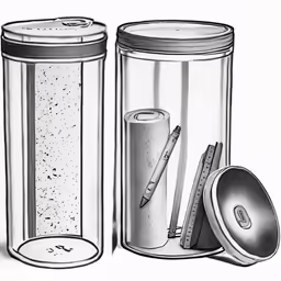 pencil and eraser items in large cylindrical containers