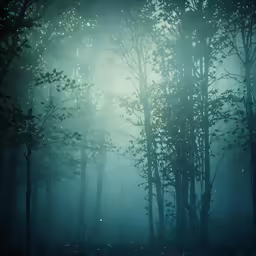 a large group of trees with fog in the background