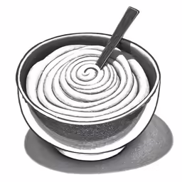 a bowl of soup with a knife in it