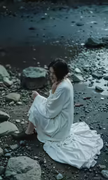 a woman sits on rocks by the water