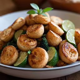 food on a plate with a lime wedge