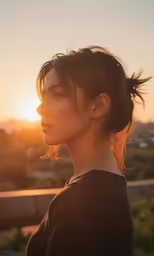 a woman is looking away from the camera