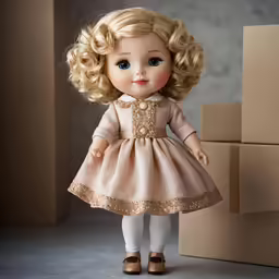 an adorable doll in a dress next to a cardboard box