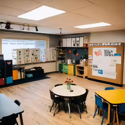 a room with many chairs and desks in it