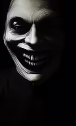 a creepy man wearing a dark background with a smile on his face