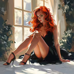 a painting of a woman in black clothes,a beautiful lady sitting on top of a white bed