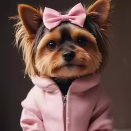 dog with pink coat and bow tie sitting