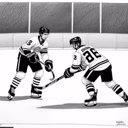 a black and white drawing of two hockey players,the two people are playing ice hockey in front of a building