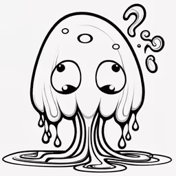the black and white illustration is of an octopus that looks like it has a question mark on its stomach
