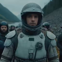 a man wearing military gear standing next to people