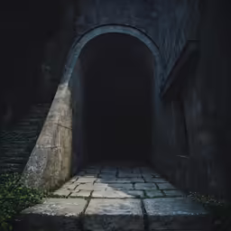 a very tall entrance into a dark tunnel