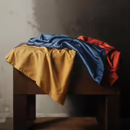 three blankets folded on top of a wooden table