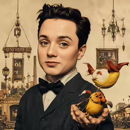a woman holding two small birds in front of her face