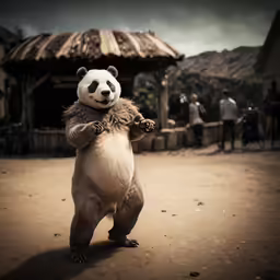 the man is holding the panda bear in his arms