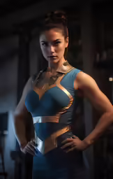 a woman dressed in armor posing for the camera