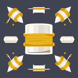 a set of paper objects with paper and ribbons