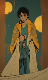 a painting of a man and a boy holding an object