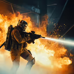 a man holding a rifle and spraying out fire behind him