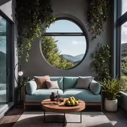 an empty living room with a blue sofa, round window and some plants