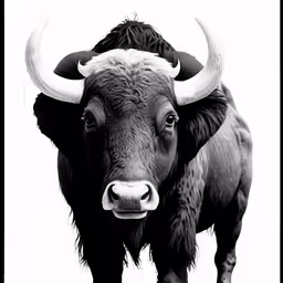 a black and white photo of a buffalo in profile