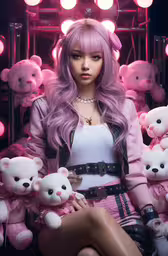 a very pretty pink haired girl with long purple hair,a young girl is posed with stuffed teddy bears