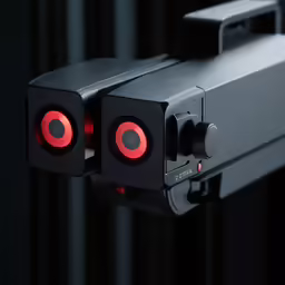 there are red lights on a black wall