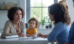 a little girl is sitting at the table while her mother looks on