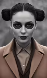 an artistic woman with black makeup, with a jacket and tie