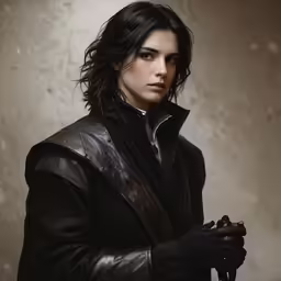 a woman holding a glove and wearing black coat
