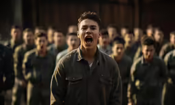 a group of men stand near each other with their mouths wide open