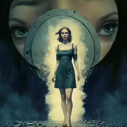a girl is wearing a dark dress in the midst of smoke and clouds