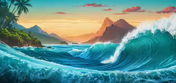 an animated image of the ocean with mountains and waves,a wave in the ocean with a mountain view