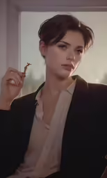 a woman is posing in front of a window with a cigarette
