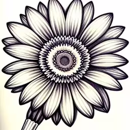 a flower that is drawn in pencil on a paper,a large white flower with black accents and a stem,an ink painting of a sunflower on paper,a sunflower that is drawn in graph,a drawing of a flower on a white paper