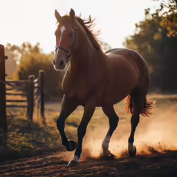 a brown horse galloping in the sun next to a fence