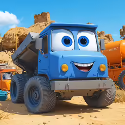 this monster truck is in front of some orange trucks