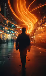 the silhouette of a person walking on a city street