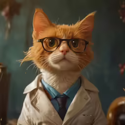 an orange cat wearing glasses wearing a white coat and a tie