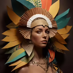 a very beautiful girl with a big headpiece made out of paper