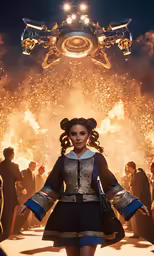 the movie poster shows a girl dressed as a futuristic woman, standing in a large crowd