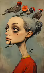 an image of a girl and many birds flying over her head