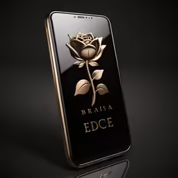 a black and gold phone with a golden flower on it