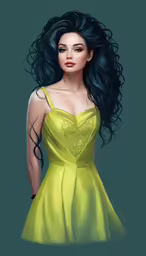 an anime - style girl in a green dress is featured with long black hair