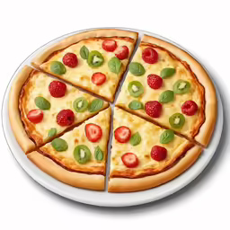 a sliced pizza with different toppings on a white platter