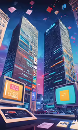 a group of tall buildings with different signs