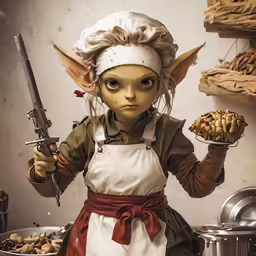 an elf holding a knife in the middle of a room
